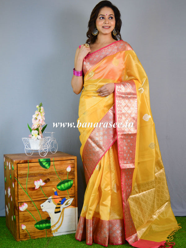 Banarasee Cotton Silk Mix Saree With Silver & Gold Zari Buta & Border-Yellow