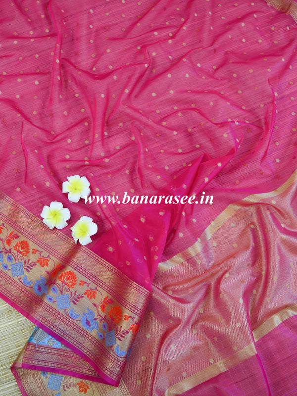 Banarasee Organza Mix Saree With Zari Buta & Floral Border Design Saree-Pink