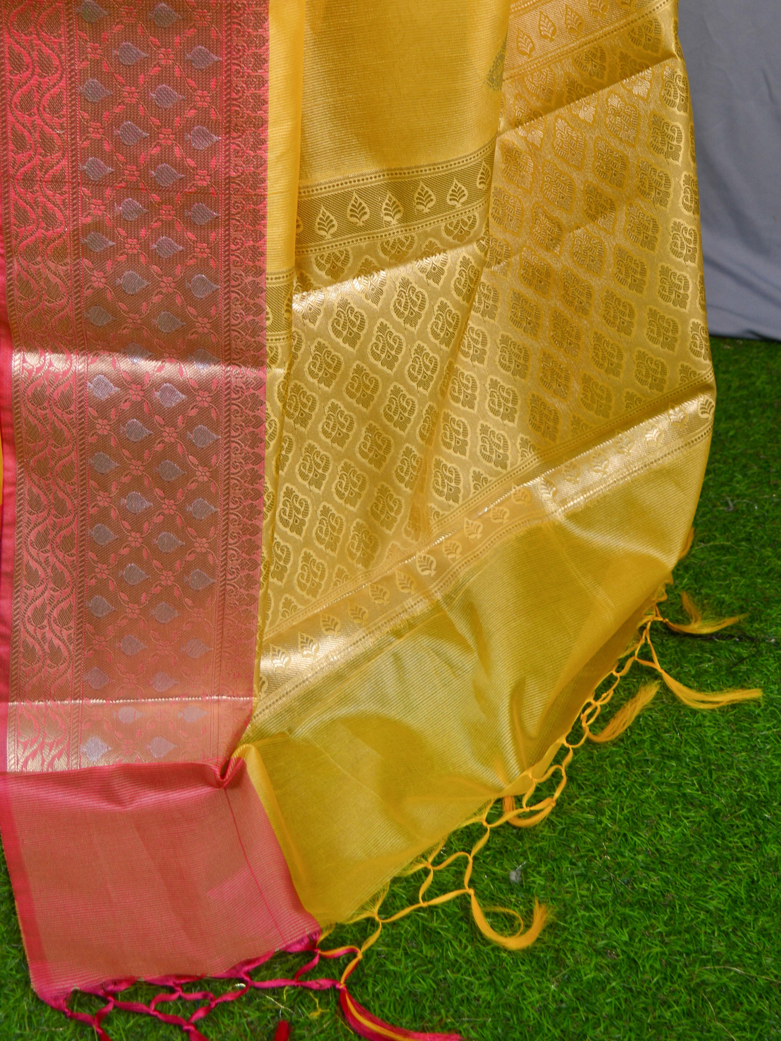 Banarasee Cotton Silk Mix Saree With Silver & Gold Zari Buta & Border-Yellow