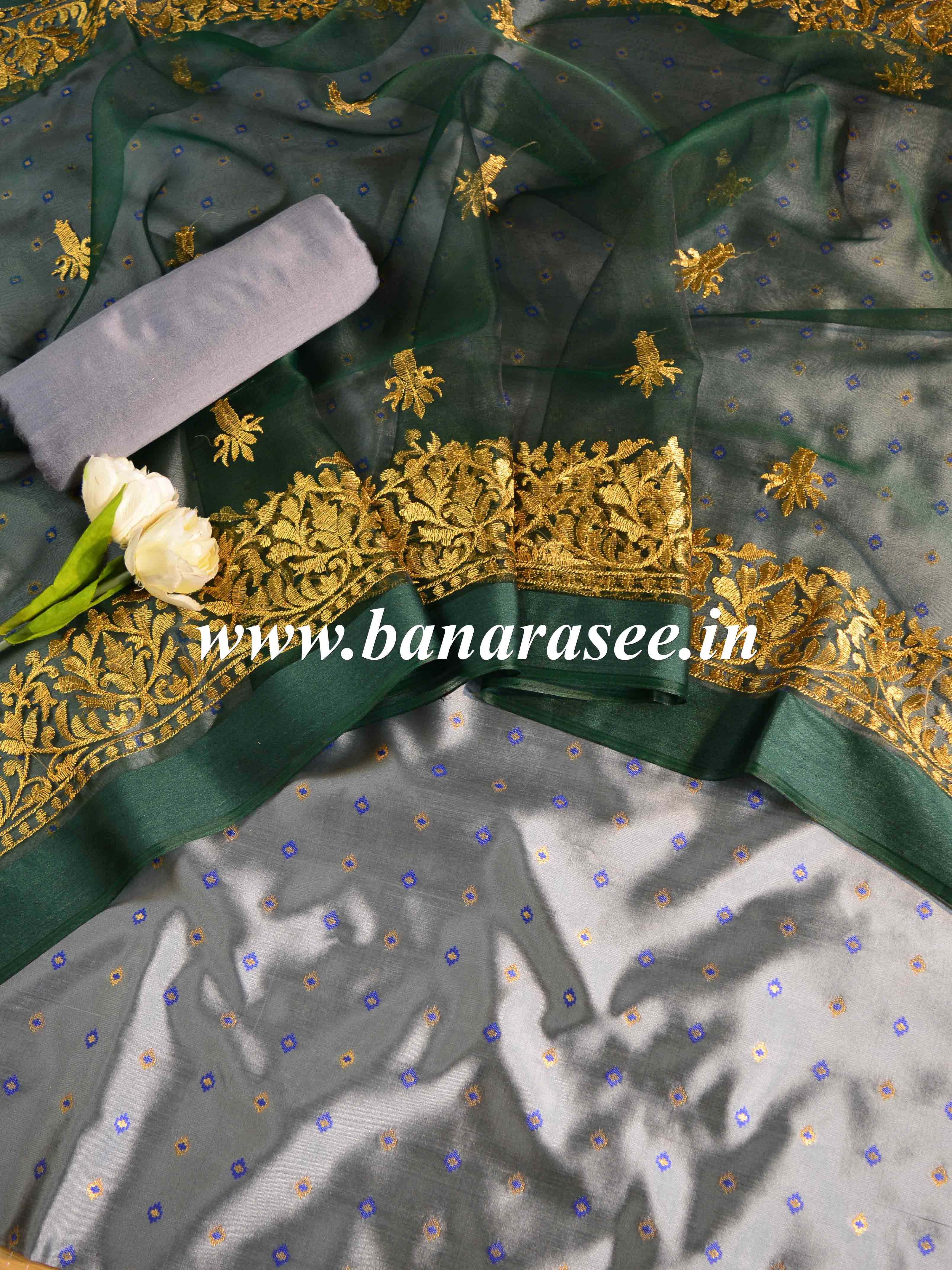 Banarasee Brocade Salwar Kameez Fabric With Organza Dupatta-Grey & Green