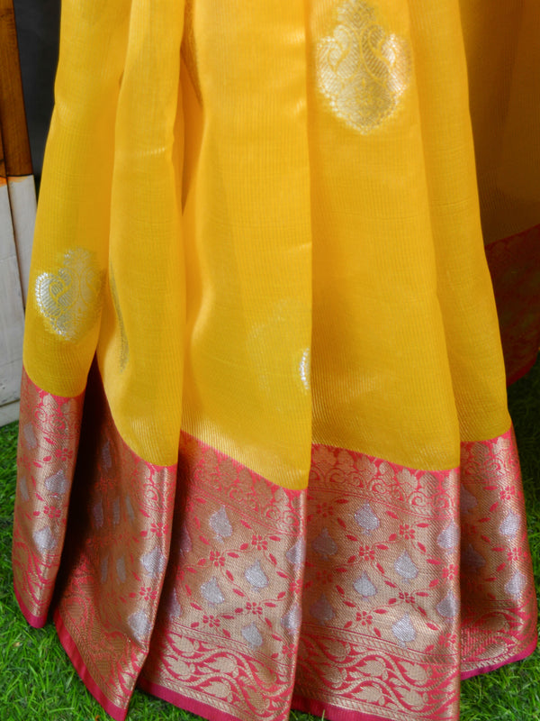 Banarasee Cotton Silk Mix Saree With Silver & Gold Zari Buta & Border-Yellow