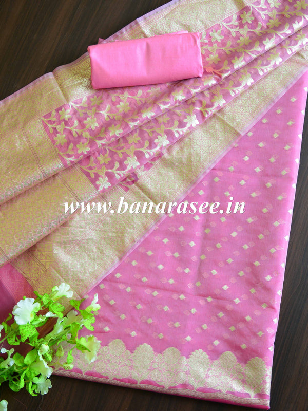 Banarasee Organza Silver Zari Salwar Kameez Fabric With Dupatta-Pink