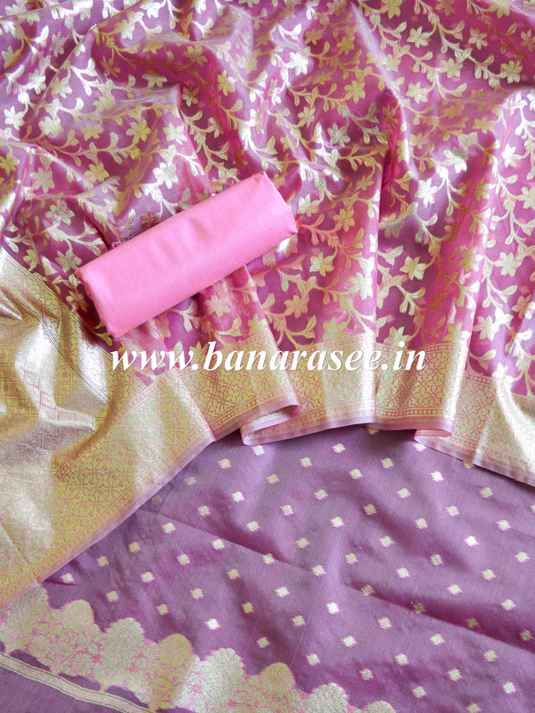 Banarasee Organza Silver Zari Salwar Kameez Fabric With Dupatta-Pink