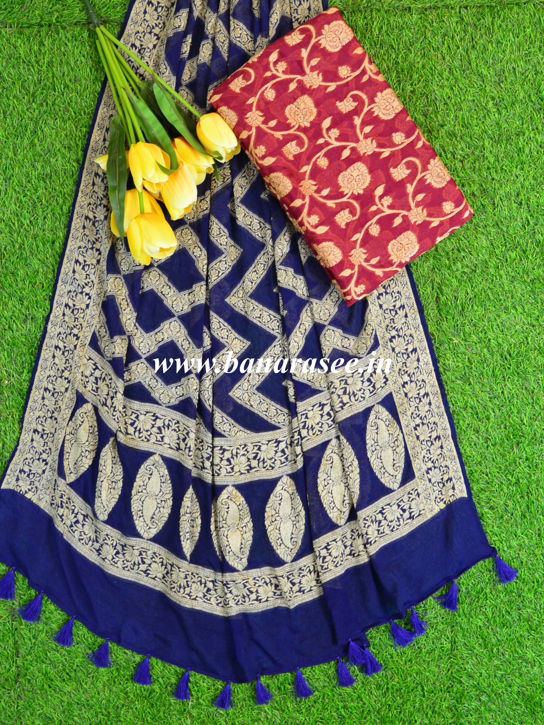 Banarasee Handloom Pure Chiffon Silk Kameez Fabric With Dupatta-Maroon With Blue