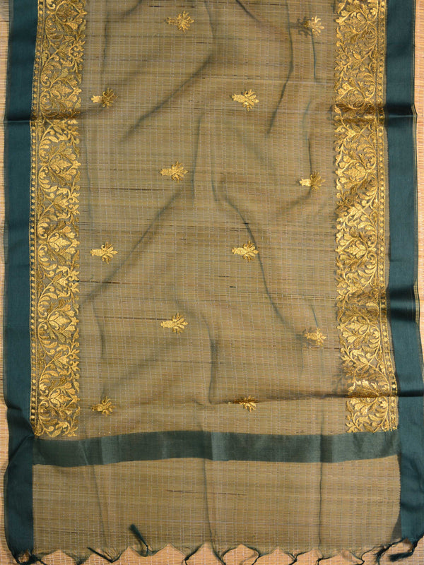 Banarasee Brocade Salwar Kameez Fabric With Organza Dupatta-Grey & Green