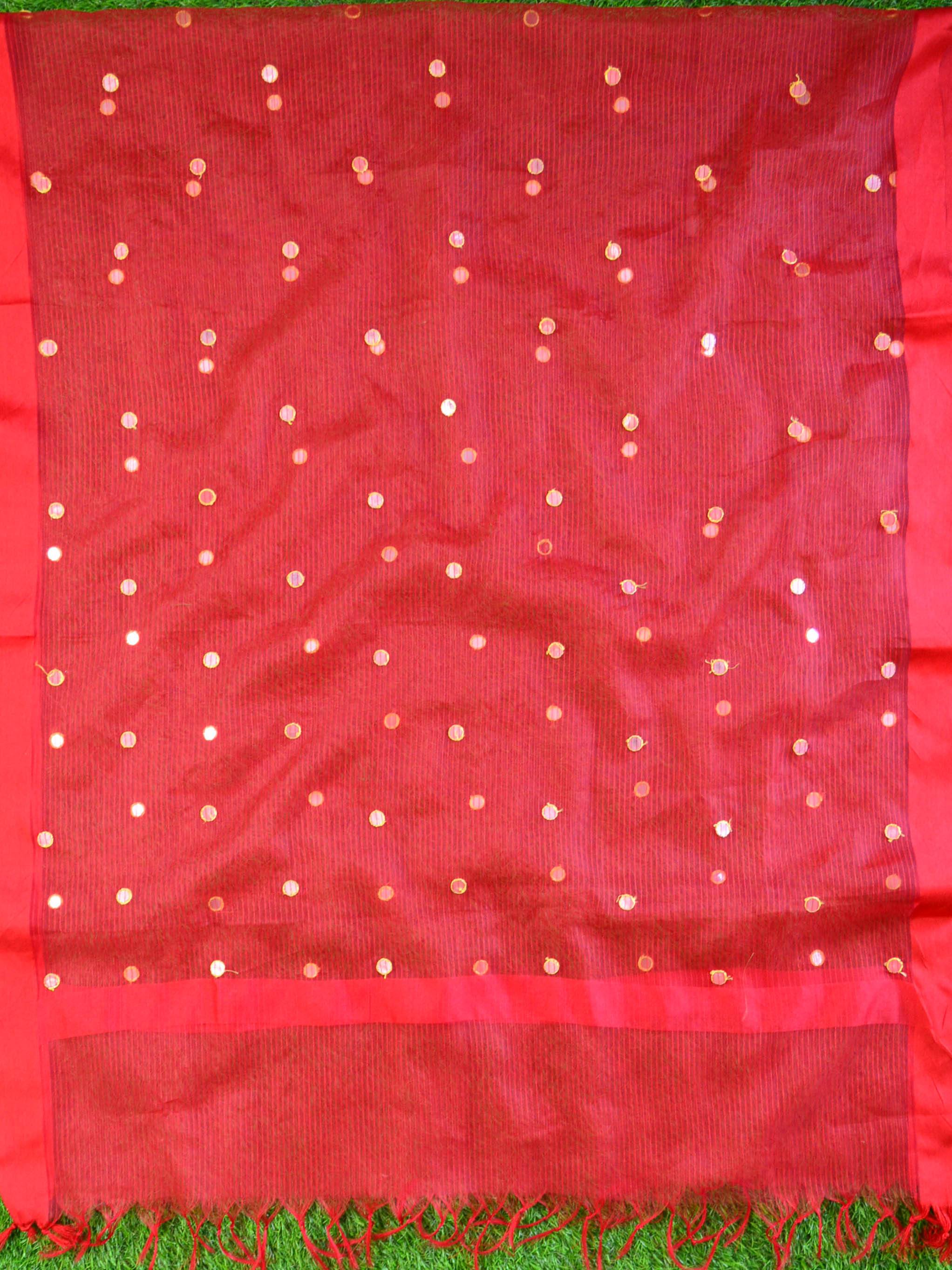 Banarasee Brocade Salwar Kameez Fabric With Mirror Work-Beige & Red