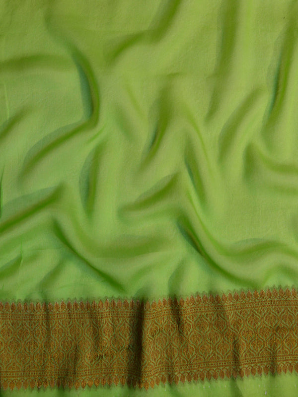 Banarasee Pure Chiffon Saree With Antique Gold Zari & Resham Jaal Border-Green