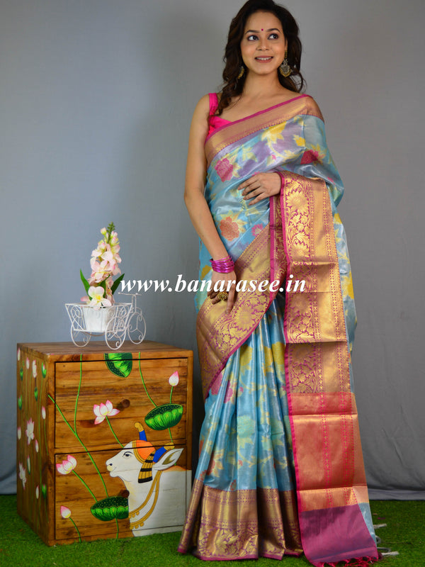Banarasee Handwoven Tissue Jaal Work Saree With Contrast Border-Blue