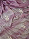 Banarasee Handloom Pure Linen By Tissue Saree With Pearl Embroidery-Onion Pink