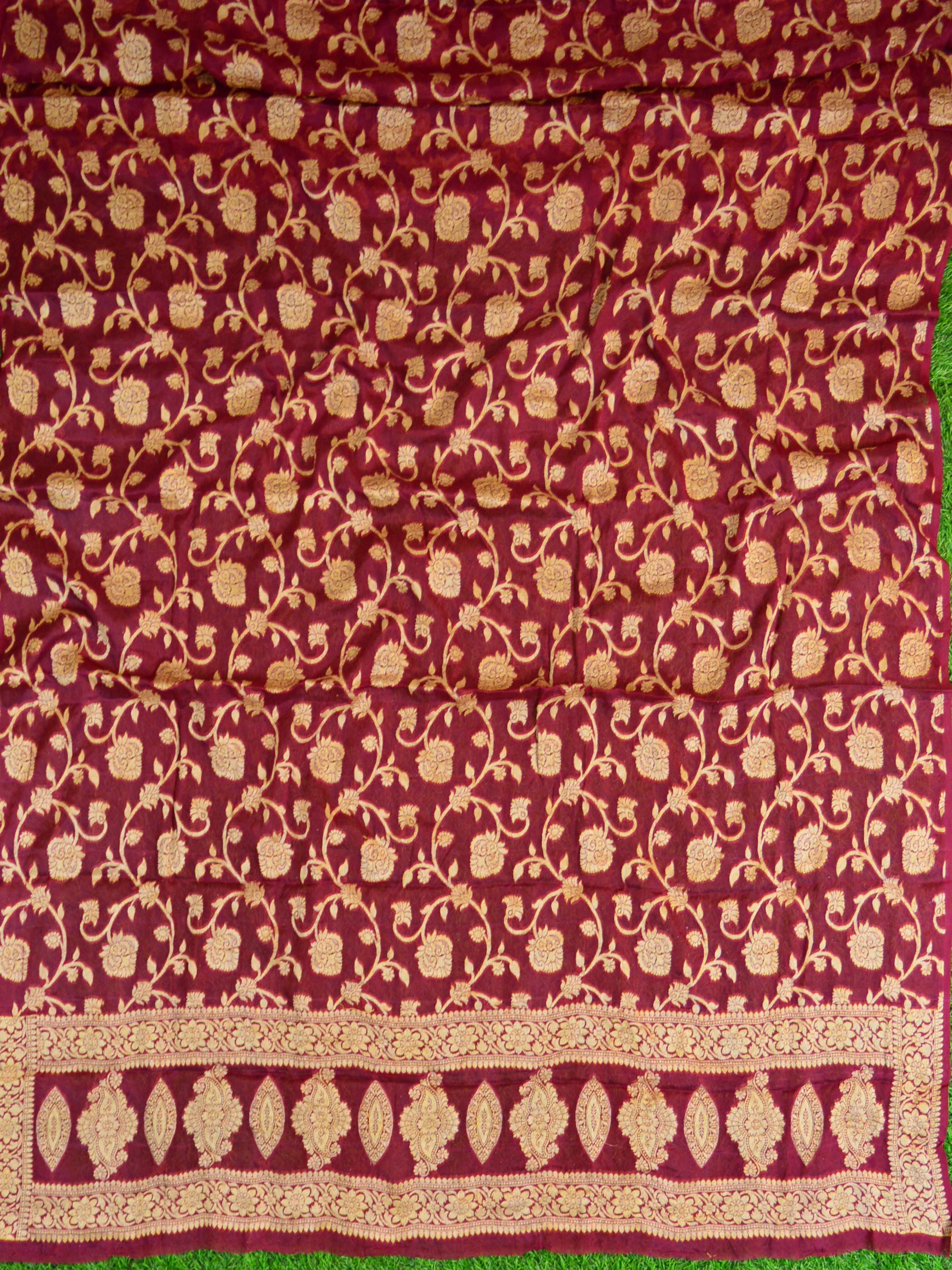 Banarasee Handloom Pure Chiffon Silk Kameez Fabric With Dupatta-Maroon With Blue