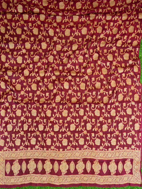 Banarasee Handloom Pure Chiffon Silk Kameez Fabric With Dupatta-Maroon With Blue