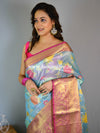 Banarasee Handwoven Tissue Jaal Work Saree With Contrast Border-Blue