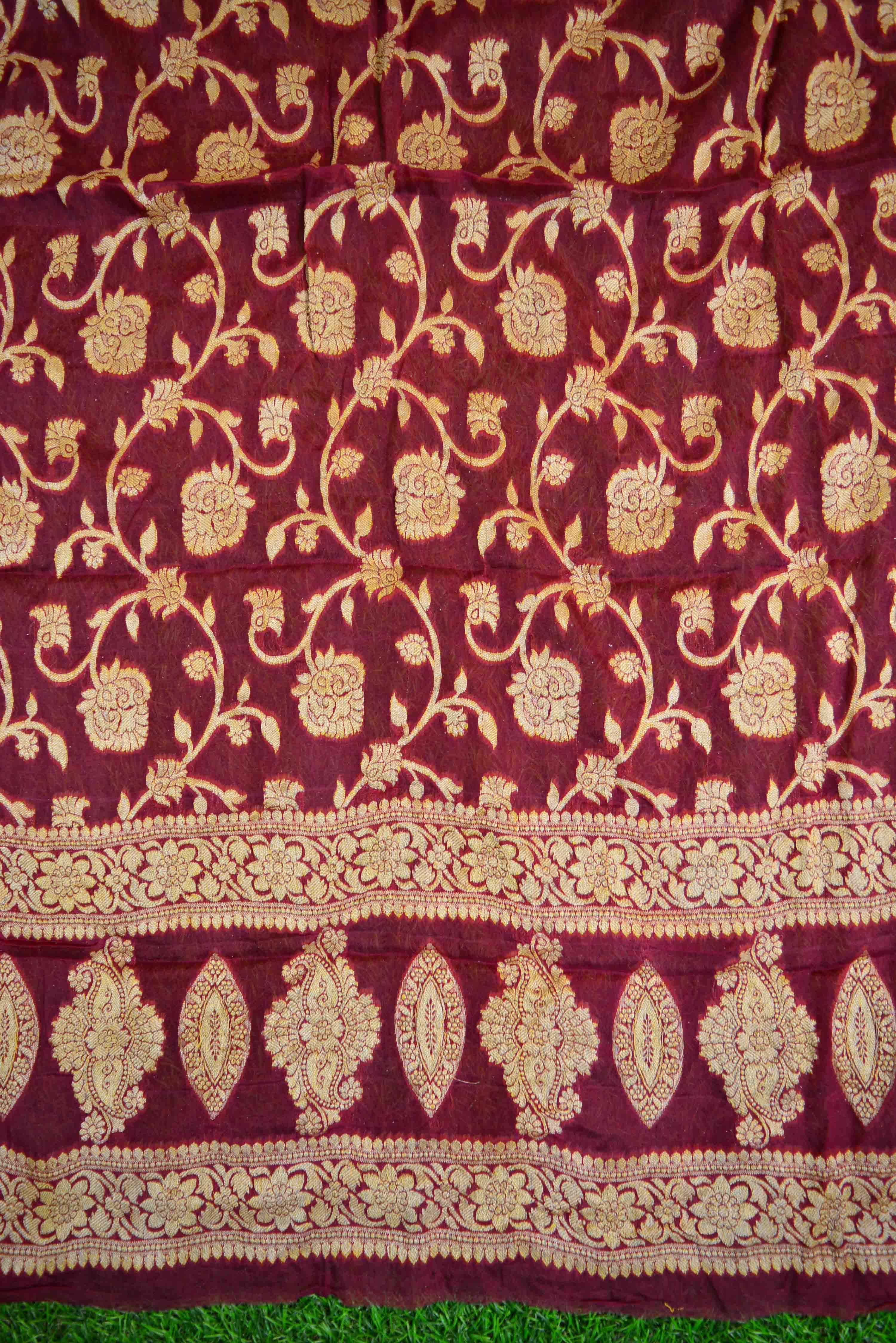 Banarasee Handloom Pure Chiffon Silk Kameez Fabric With Dupatta-Maroon With Blue