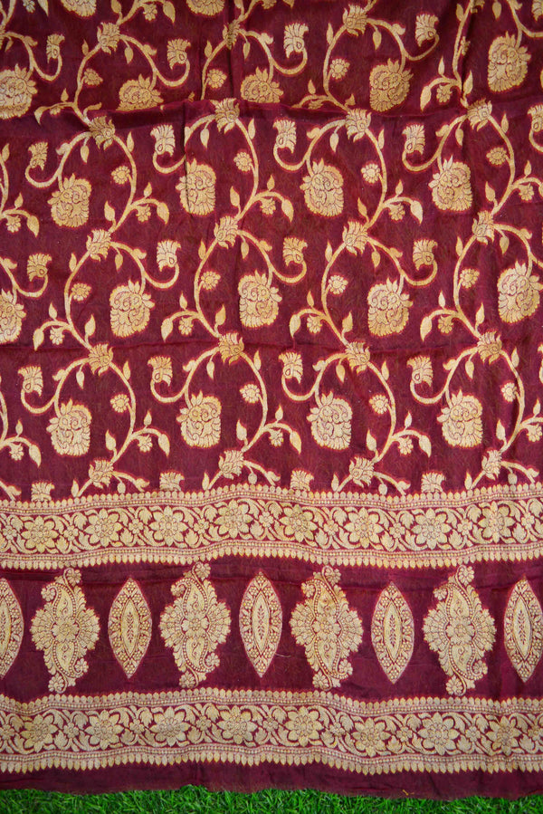 Banarasee Handloom Pure Chiffon Silk Kameez Fabric With Dupatta-Maroon With Blue