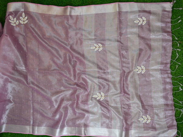 Banarasee Handloom Pure Linen By Tissue Saree With Pearl Embroidery-Onion Pink