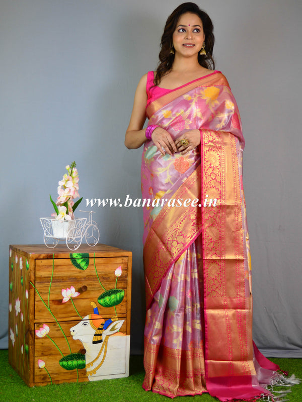 Banarasee Handwoven Tissue Jaal Work Saree With Contrast Border-Pink