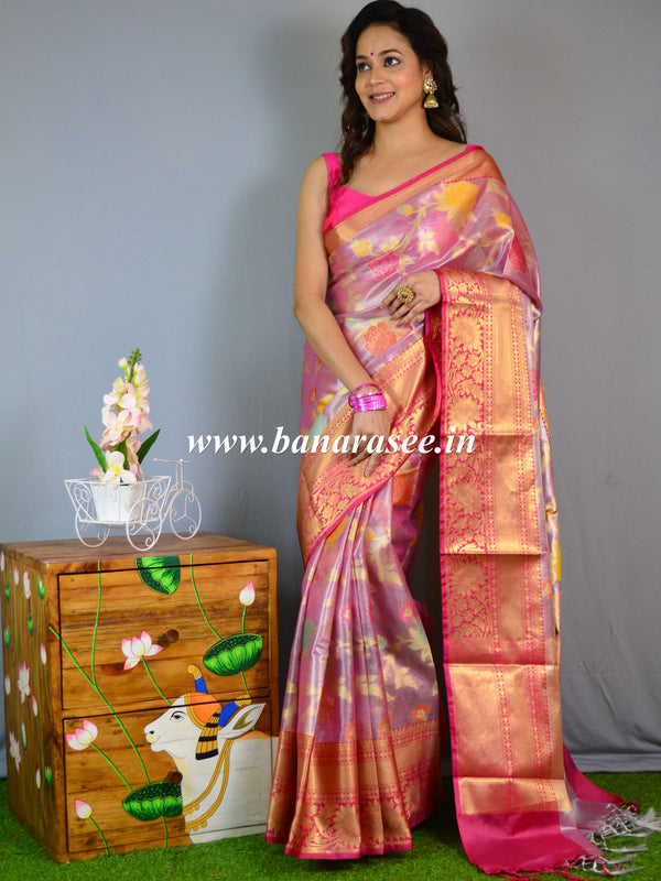 Banarasee Handwoven Tissue Jaal Work Saree With Contrast Border-Pink