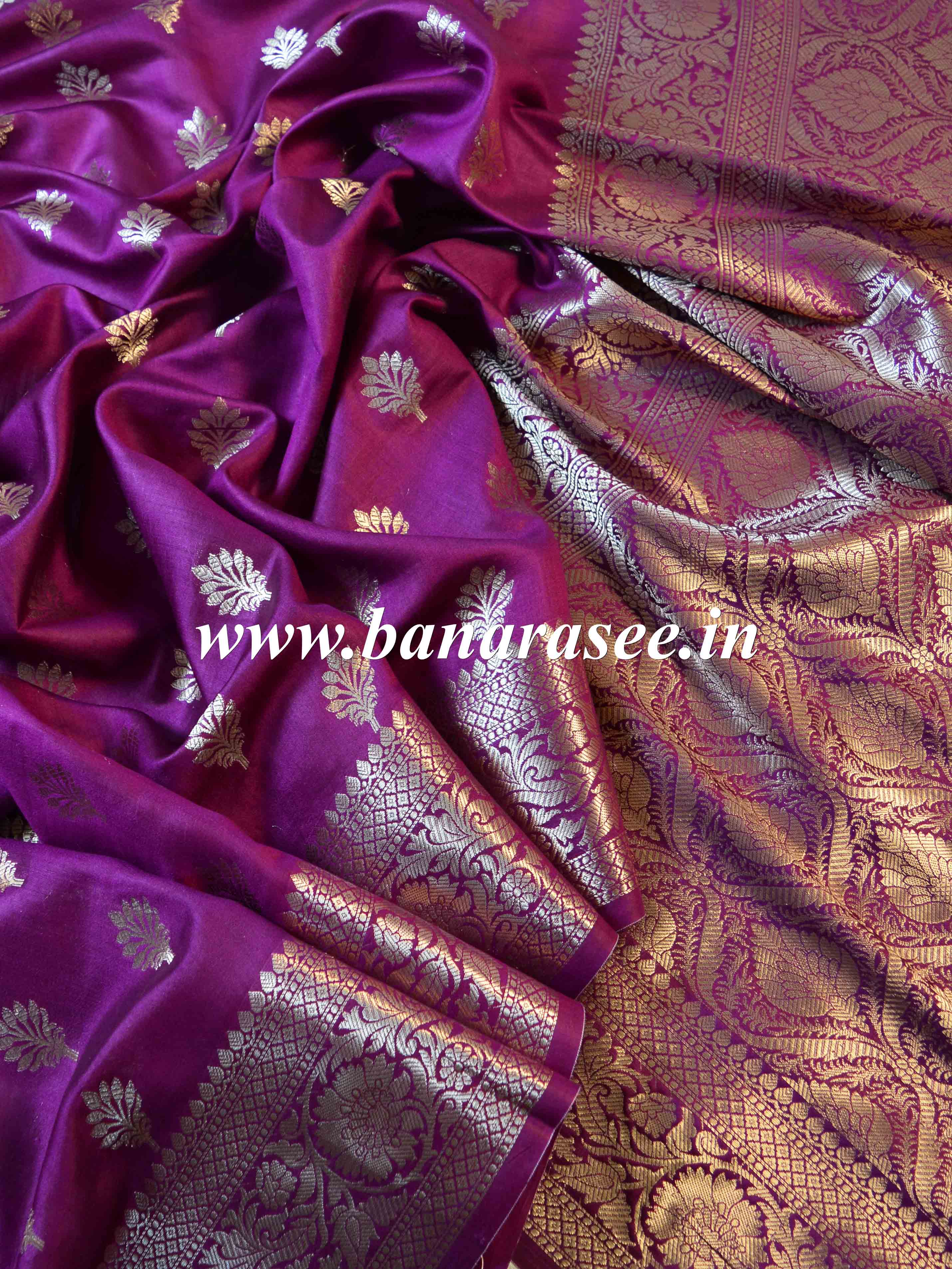 Banarasee Handloom Pure Chiniya Silk Saree With Zari Border Work-Violet