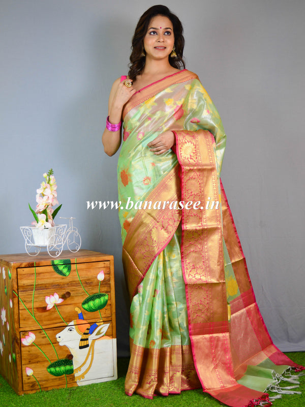 Banarasee Handwoven Tissue Jaal Work Saree With Contrast Border-Green