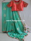 Banarasee Handwoven Semi-Katan Zari Buta & Scallop Border Saree With Contrast Embroidered Stitched Blouse-Sea Green