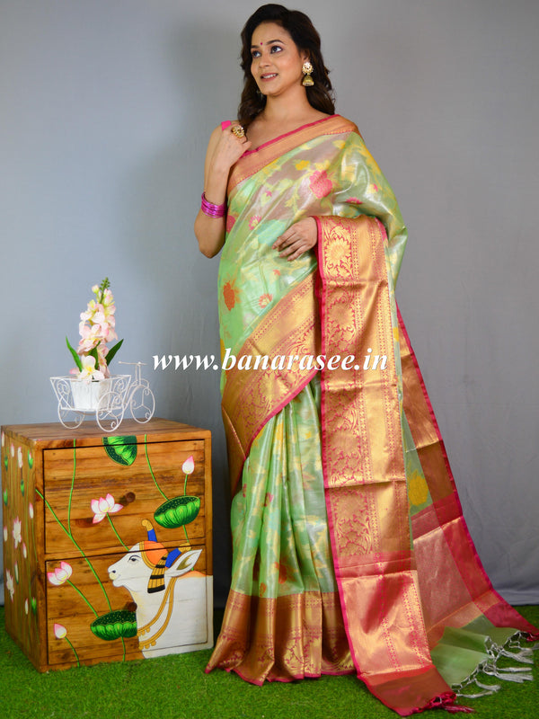 Banarasee Handwoven Tissue Jaal Work Saree With Contrast Border-Green