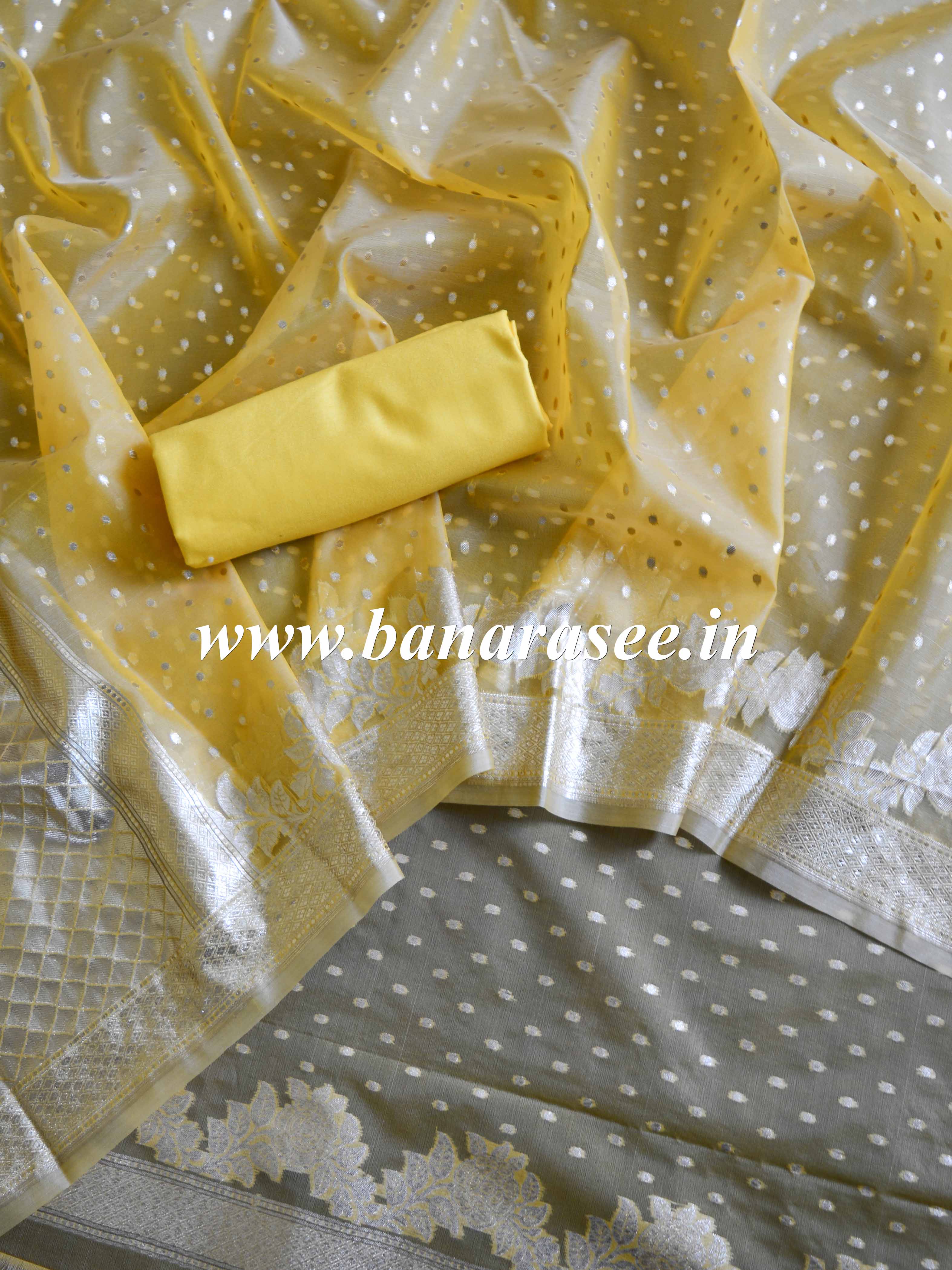 Banarasee Organza Silver Zari Salwar Kameez Fabric With Dupatta-Yellow