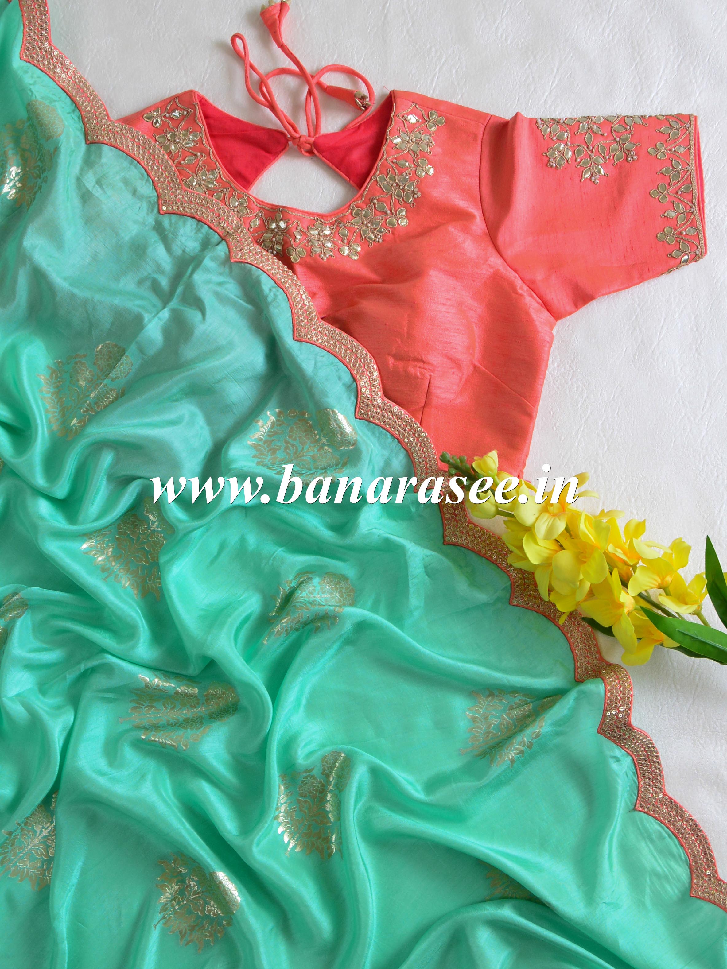 Banarasee Handwoven Semi-Katan Zari Buta & Scallop Border Saree With Contrast Embroidered Stitched Blouse-Sea Green