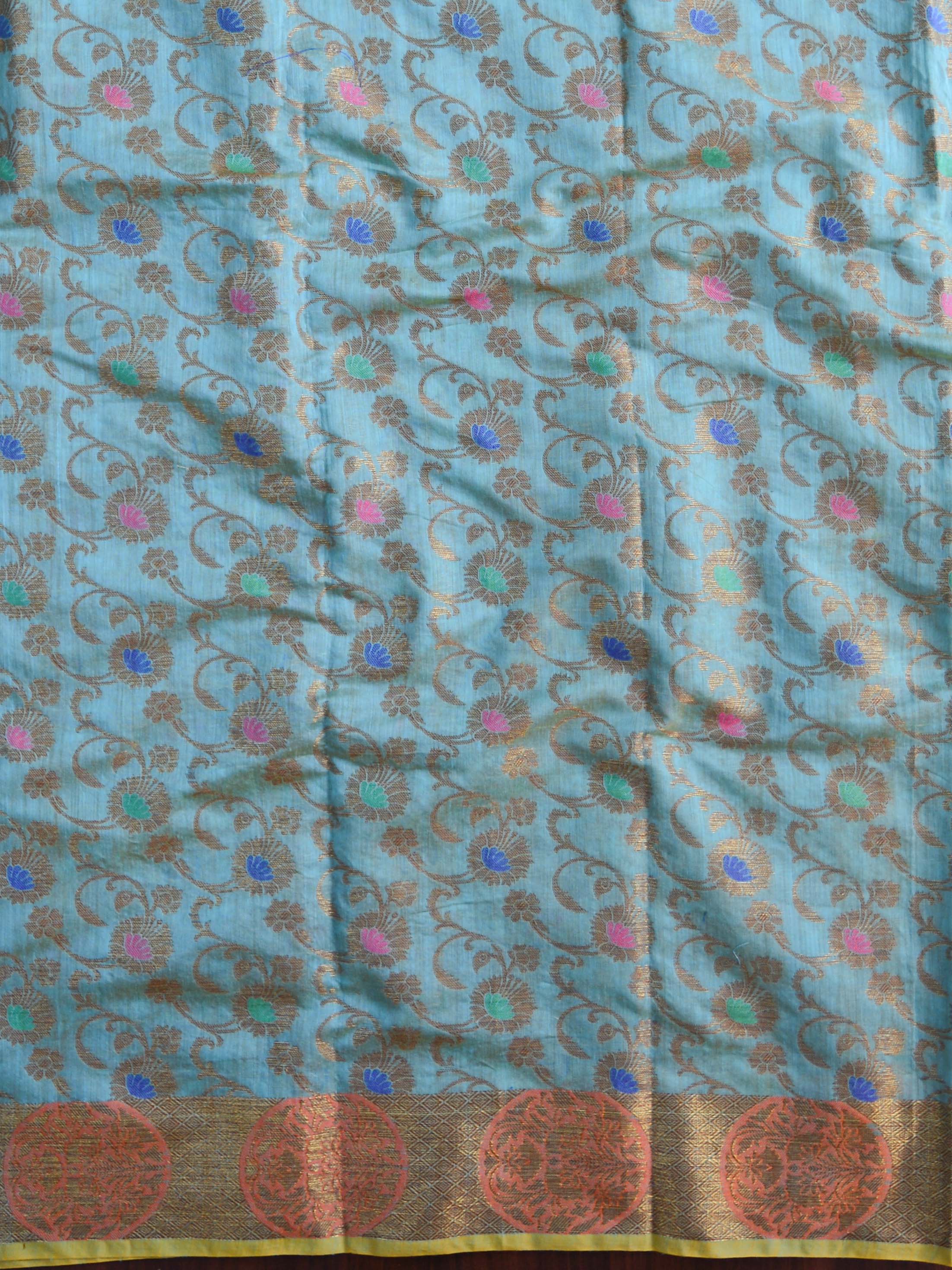 Banarasee Chanderi Cotton Salwar Kameez Fabric With Dupatta Buta Design-Blue