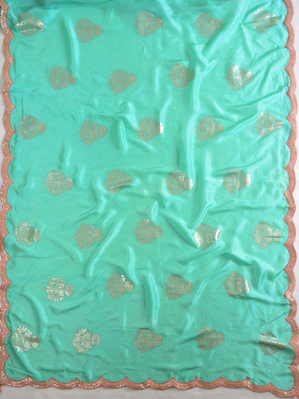 Banarasee Handwoven Semi-Katan Zari Buta & Scallop Border Saree With Contrast Embroidered Stitched Blouse-Sea Green
