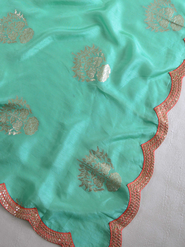 Banarasee Handwoven Semi-Katan Zari Buta & Scallop Border Saree With Contrast Embroidered Stitched Blouse-Sea Green