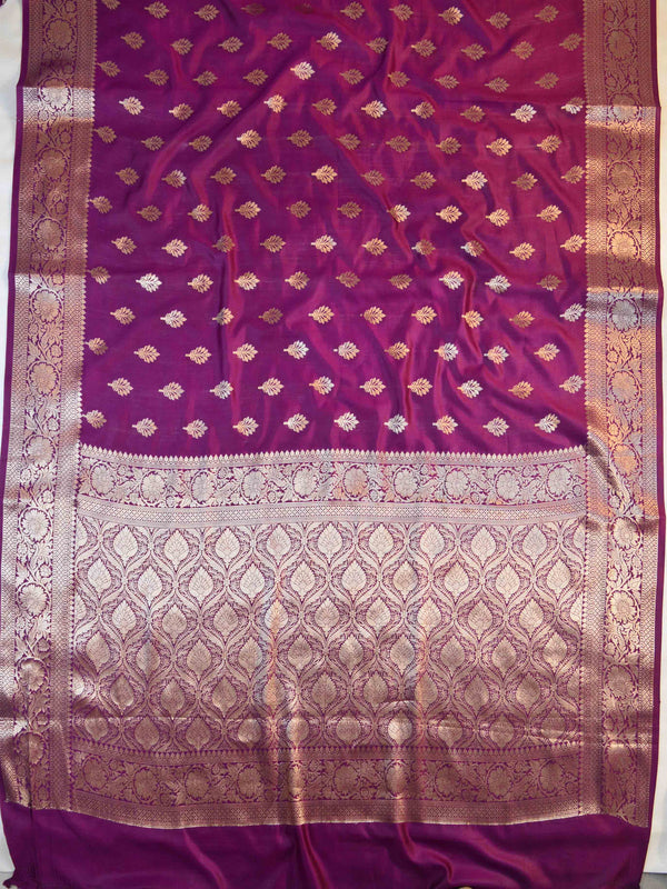 Banarasee Handloom Pure Chiniya Silk Saree With Zari Border Work-Violet
