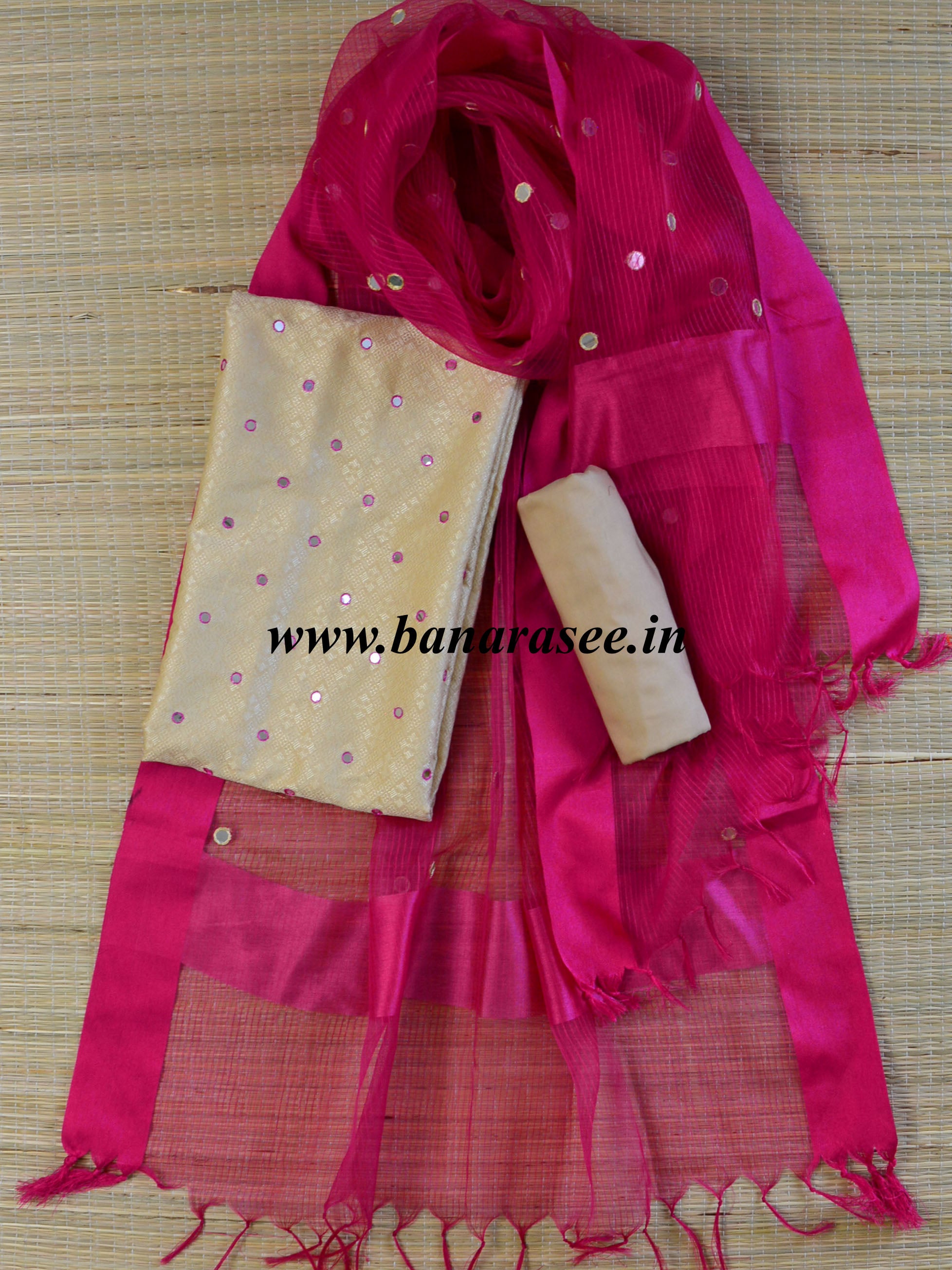Banarasee Brocade Salwar Kameez Fabric With Mirror Work-Gold & Pink