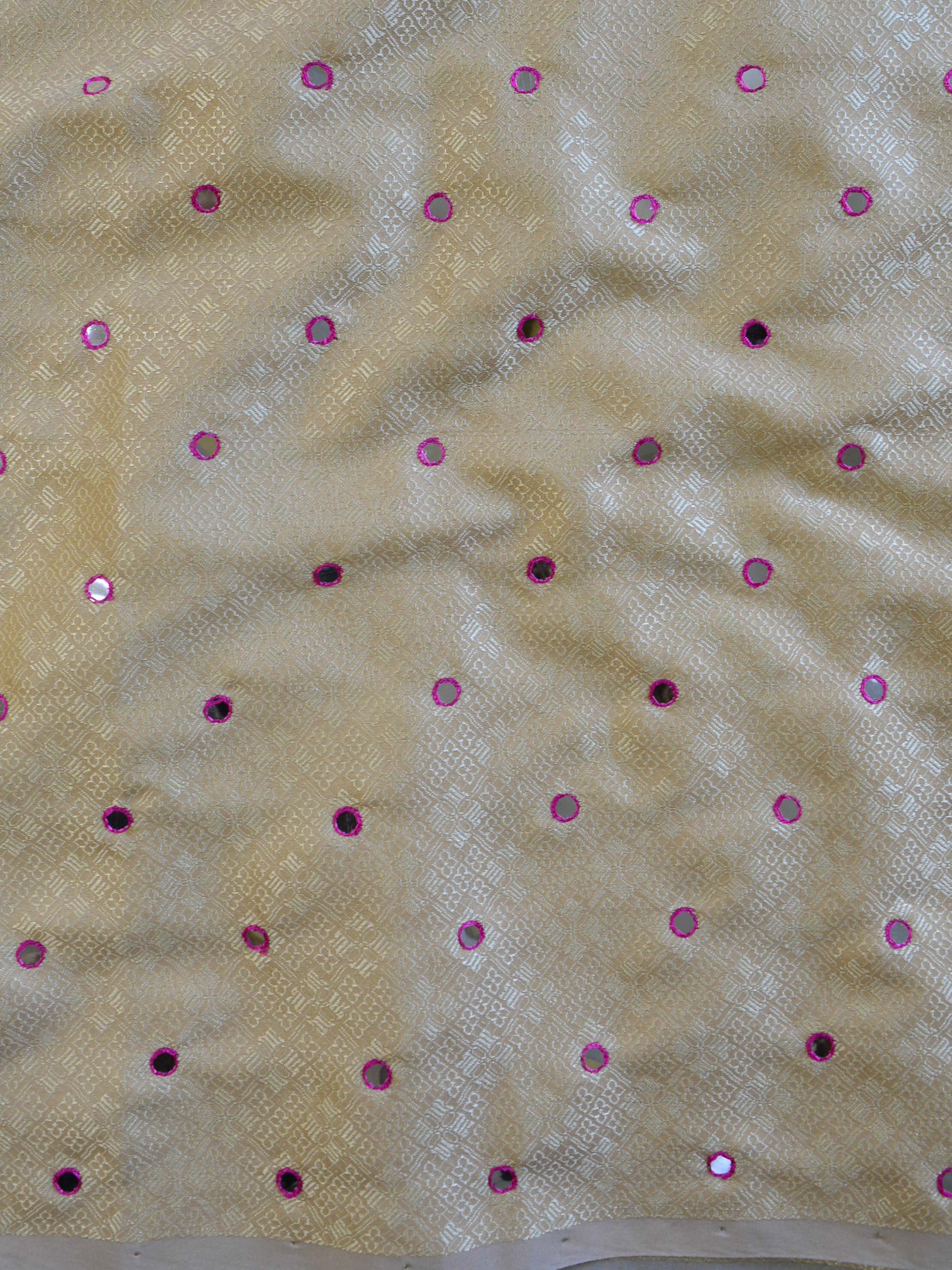 Banarasee Brocade Salwar Kameez Fabric With Mirror Work-Gold & Pink