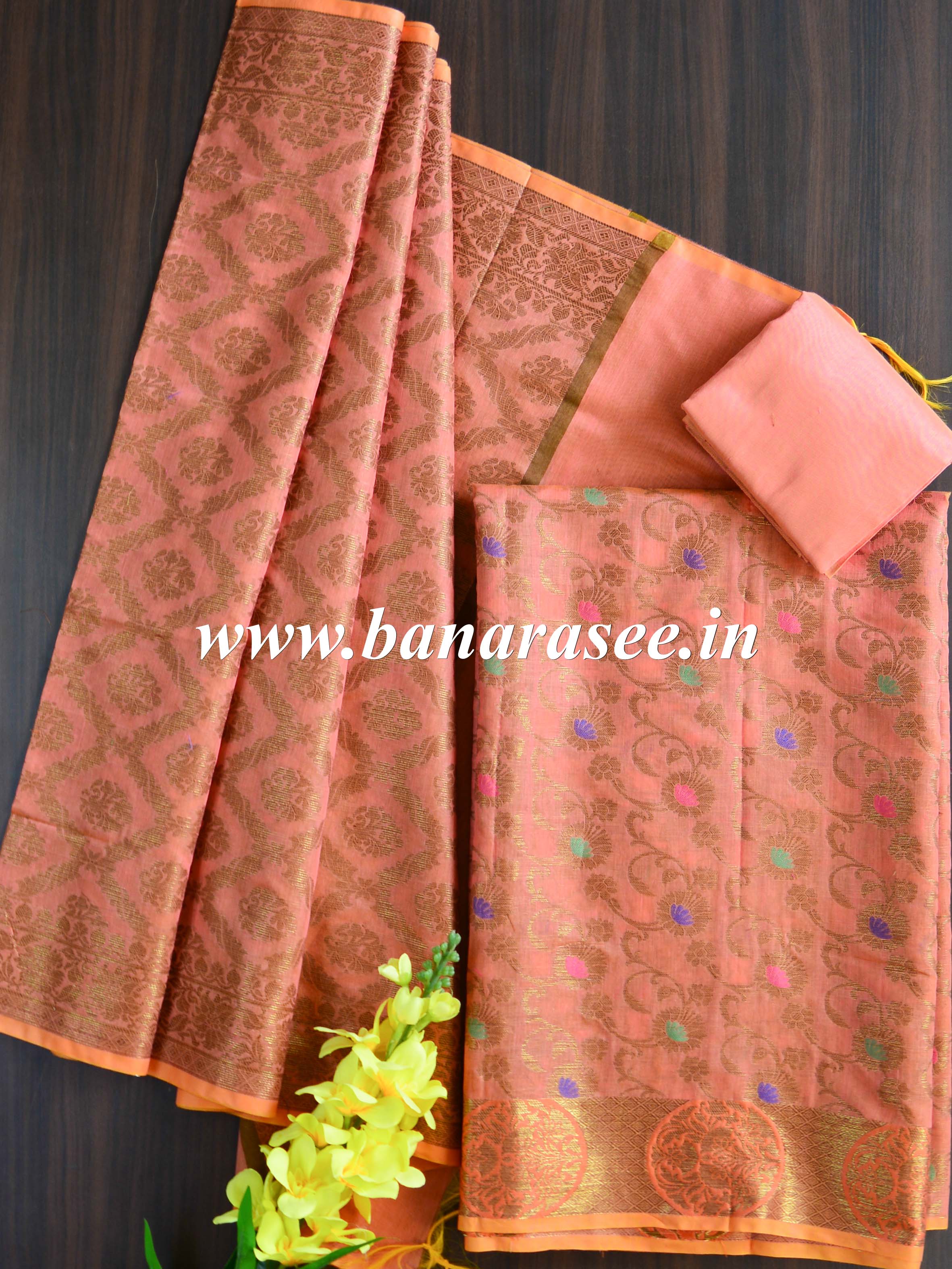 Banarasee Chanderi Cotton Salwar Kameez Fabric With Dupatta Buta Design-Peach