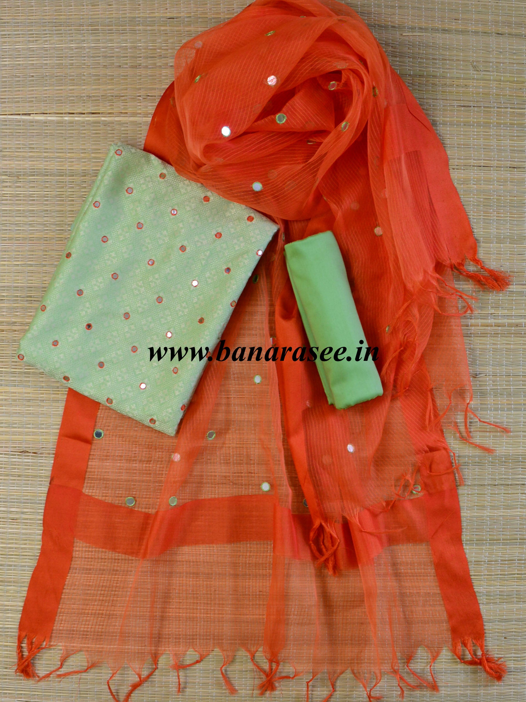 Banarasee Brocade Salwar Kameez Fabric With Mirror Work-Green & Orange