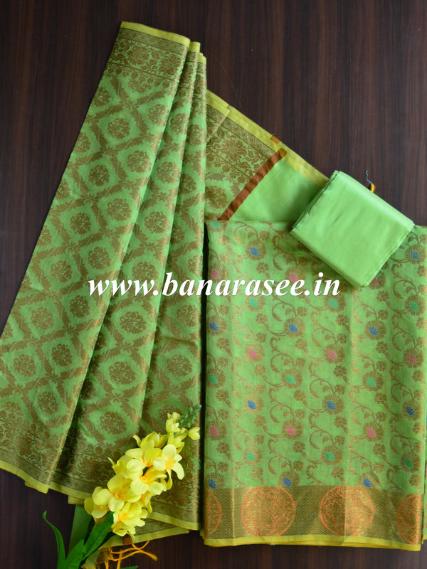 Banarasee Chanderi Cotton Salwar Kameez Fabric With Dupatta Buta Design-Green