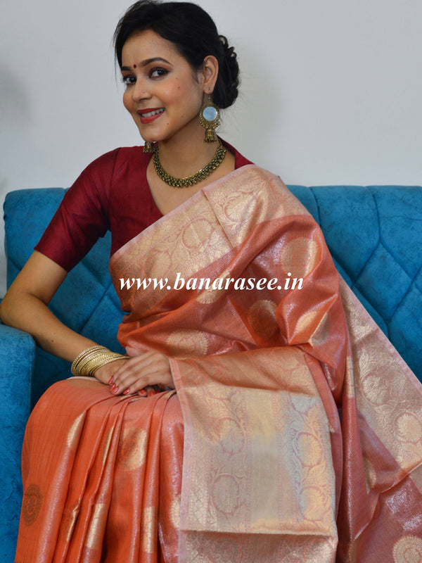 Banarasee Handwoven Broad Border Silver Zari Buta Design Tissue Saree-Peach