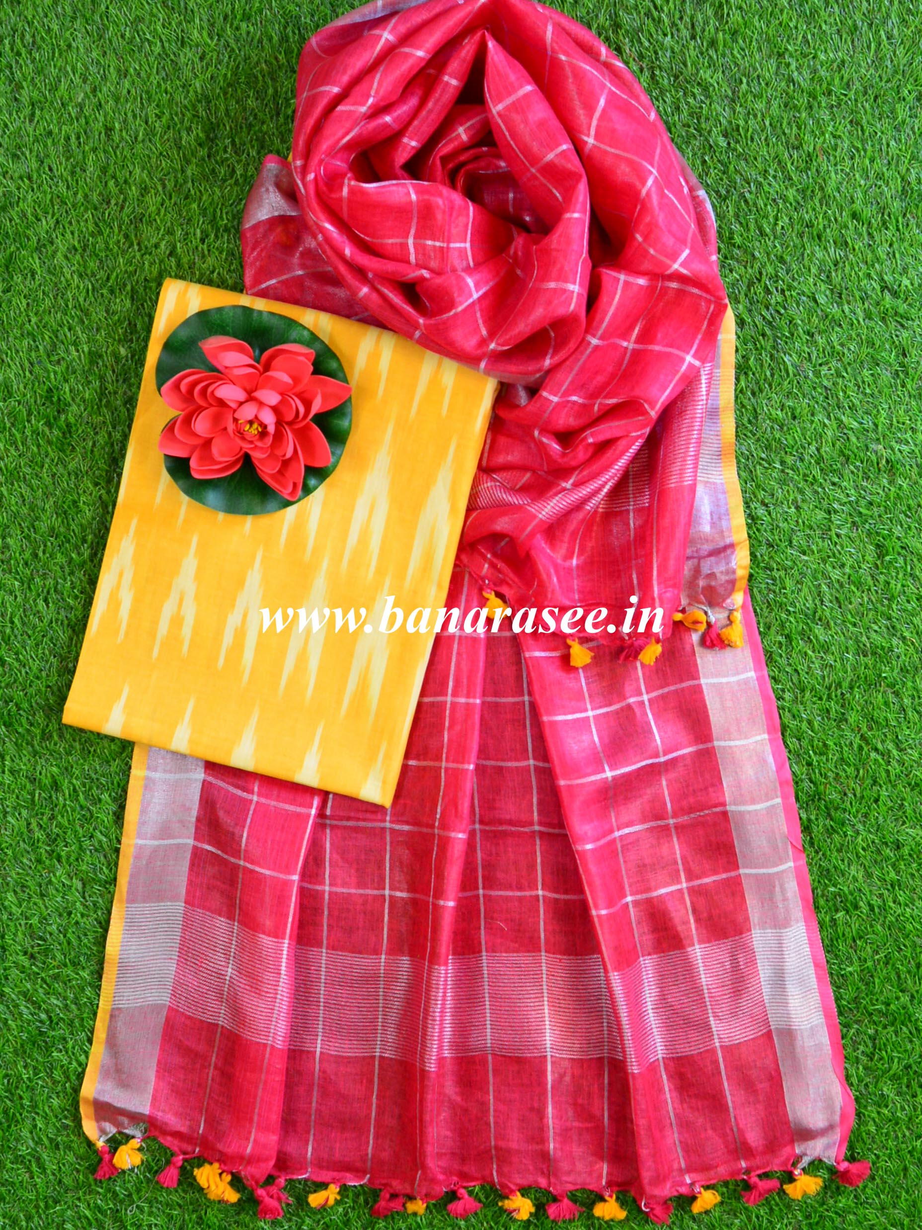 Bhagalpuri Pure Ikkat Kameez With Red Linen Dupatta-Yellow