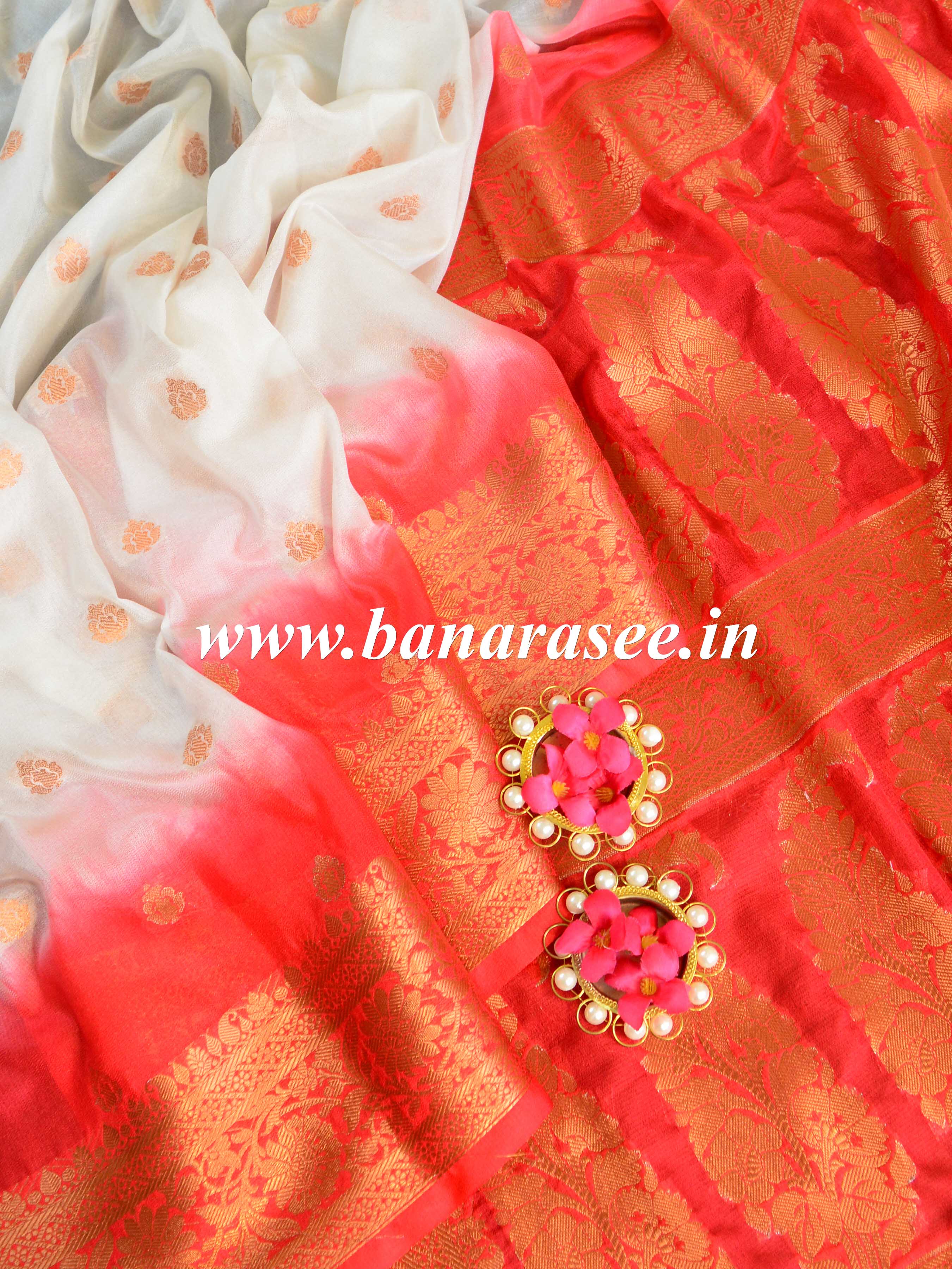Banarasee Handwoven Semi-Chiffon Saree With Copper Zari Work-White & Red