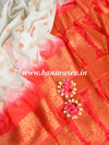 Banarasee Handwoven Semi-Chiffon Saree With Copper Zari Work-White & Red