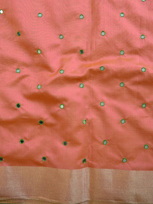 Banarasee Chanderi Cotton Mirror Work Salwar Kameez Dupatta Set-Peach & Green