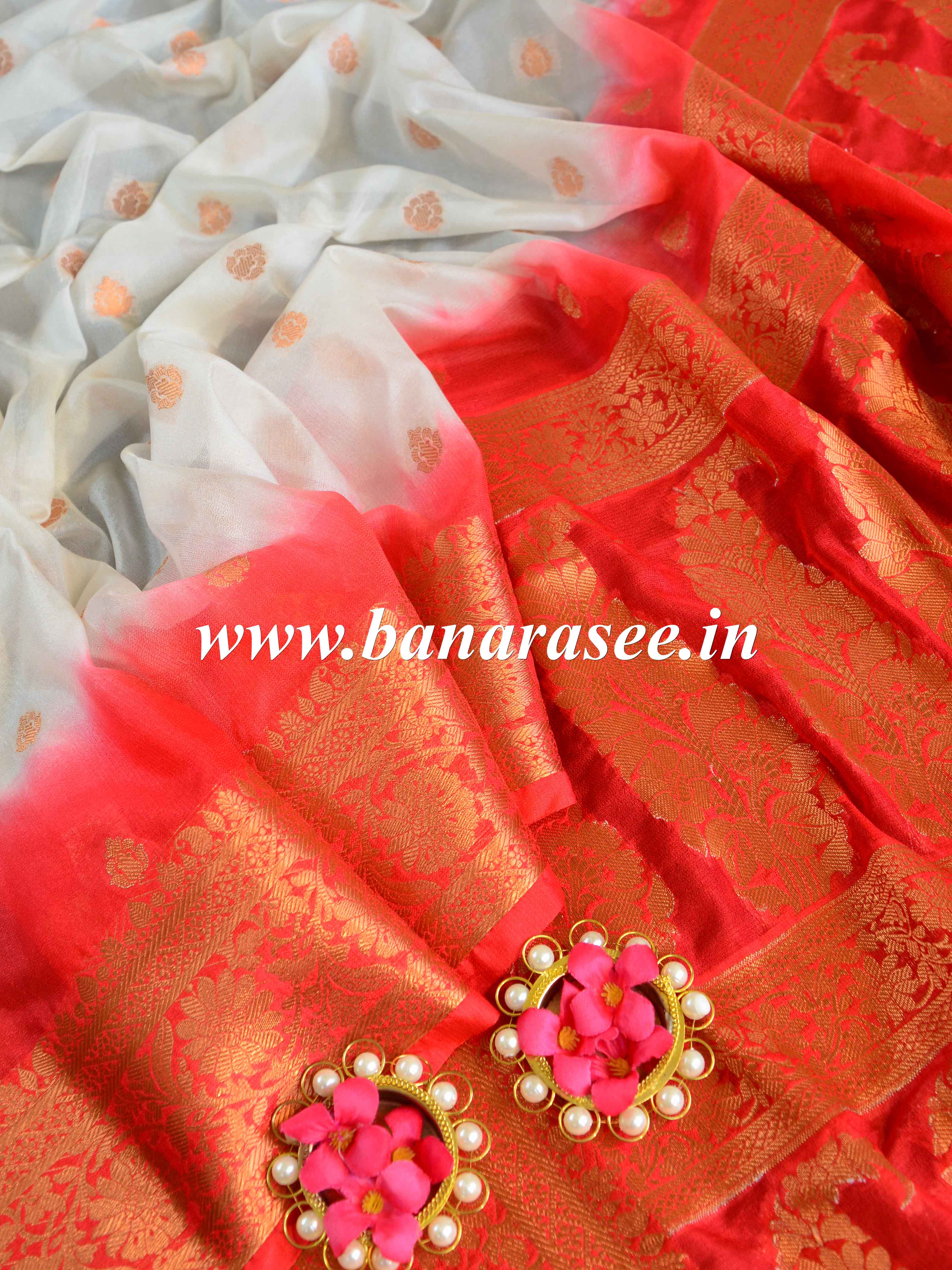 Banarasee Handwoven Semi-Chiffon Saree With Copper Zari Work-White & Red