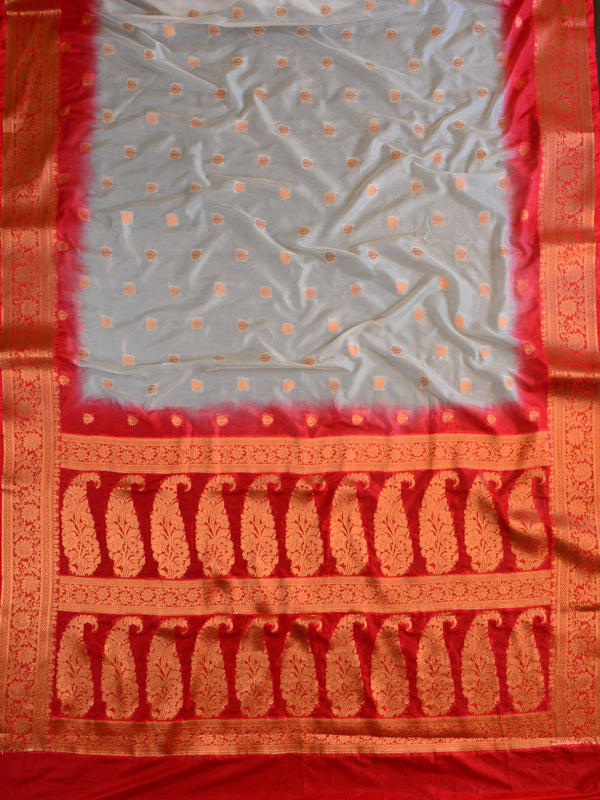 Banarasee Handwoven Semi-Chiffon Saree With Copper Zari Work-White & Red
