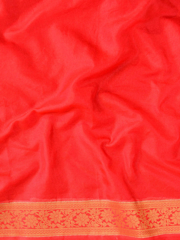 Banarasee Handwoven Semi-Chiffon Saree With Copper Zari Work-White & Red