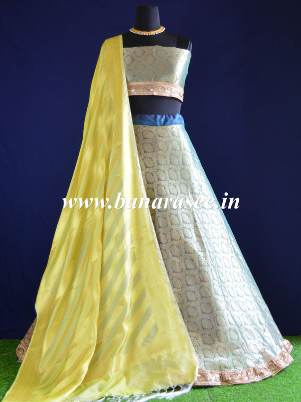 Banarasee Stitched Organza Lehenga & Blouse Fabric With Semi Silk Dupatta-Green & Yellow