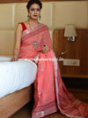 Banarasee Linen Cotton Bagru Hand-Block Printed Saree-Peach