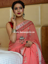 Banarasee Linen Cotton Bagru Hand-Block Printed Saree-Peach