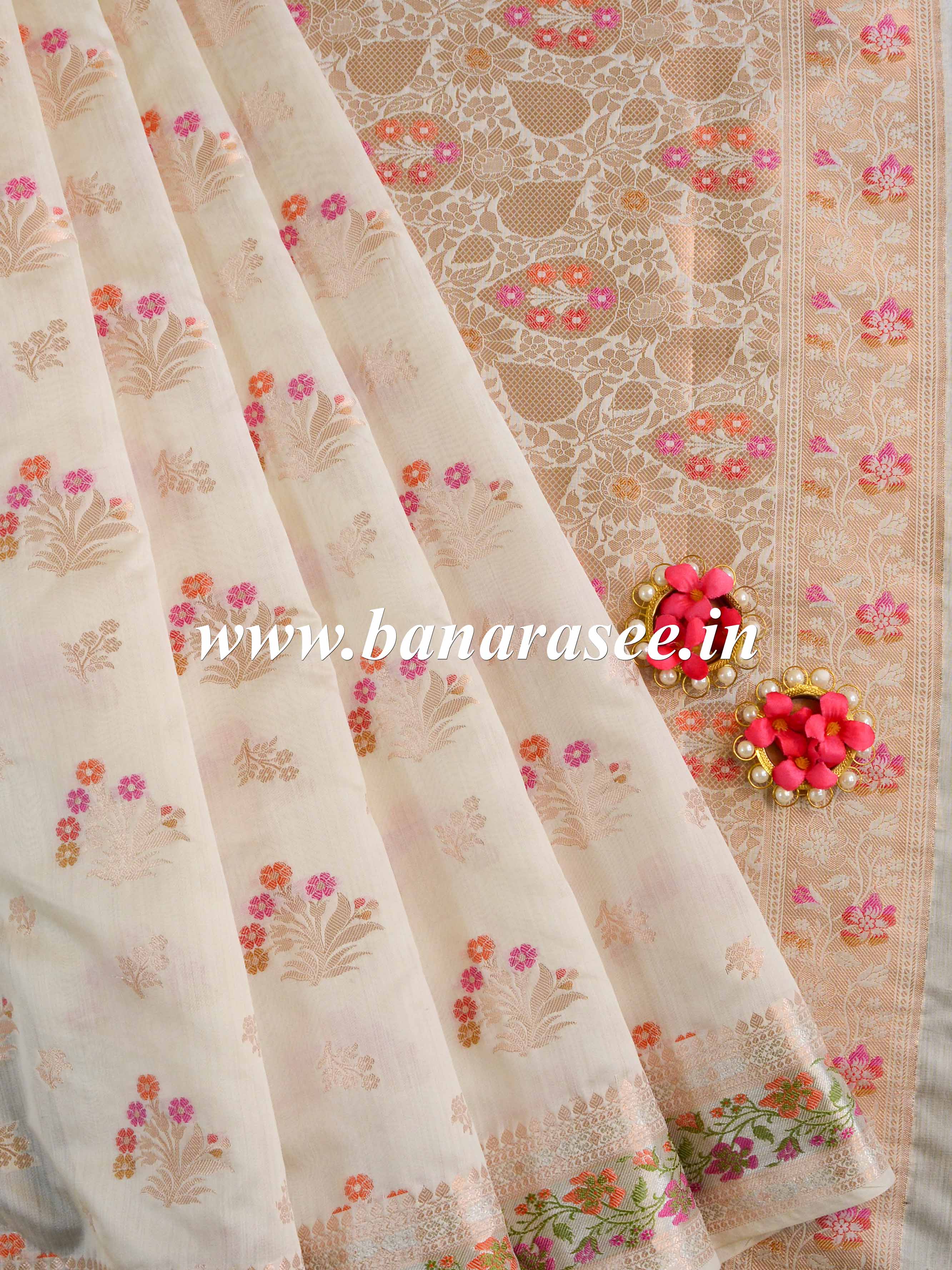 Banarasee Handloom Pure Chiniya Silk Saree With Zari & Meena Work-Ivory White