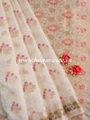 Banarasee Handloom Pure Chiniya Silk Saree With Zari & Meena Work-Ivory White