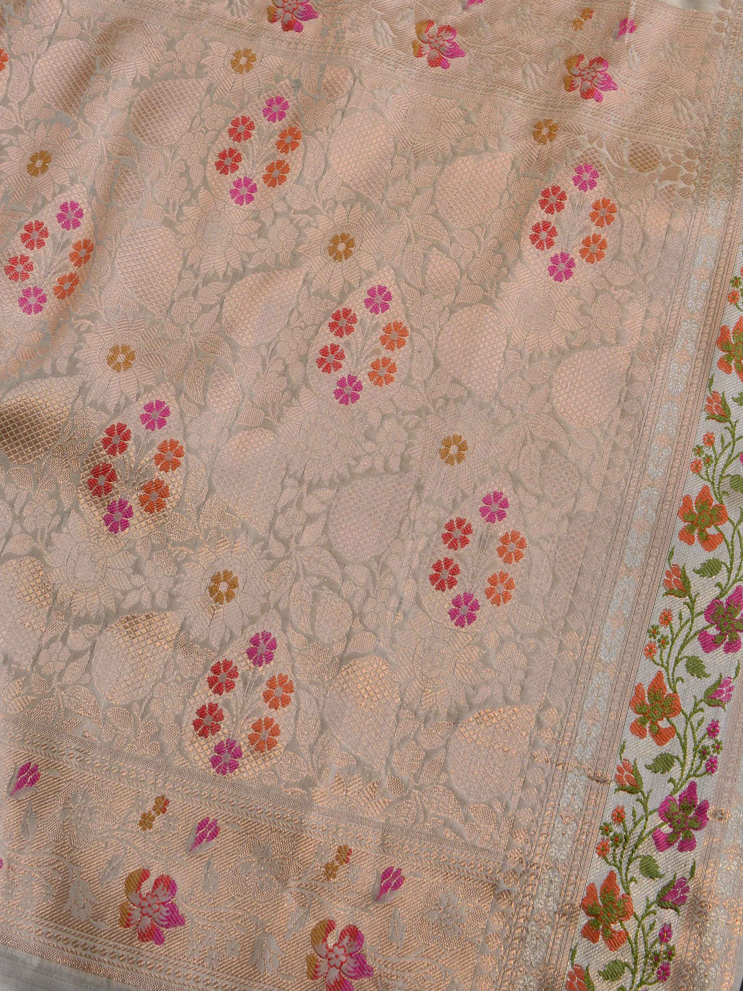 Banarasee Handloom Pure Chiniya Silk Saree With Zari & Meena Work-Ivory White
